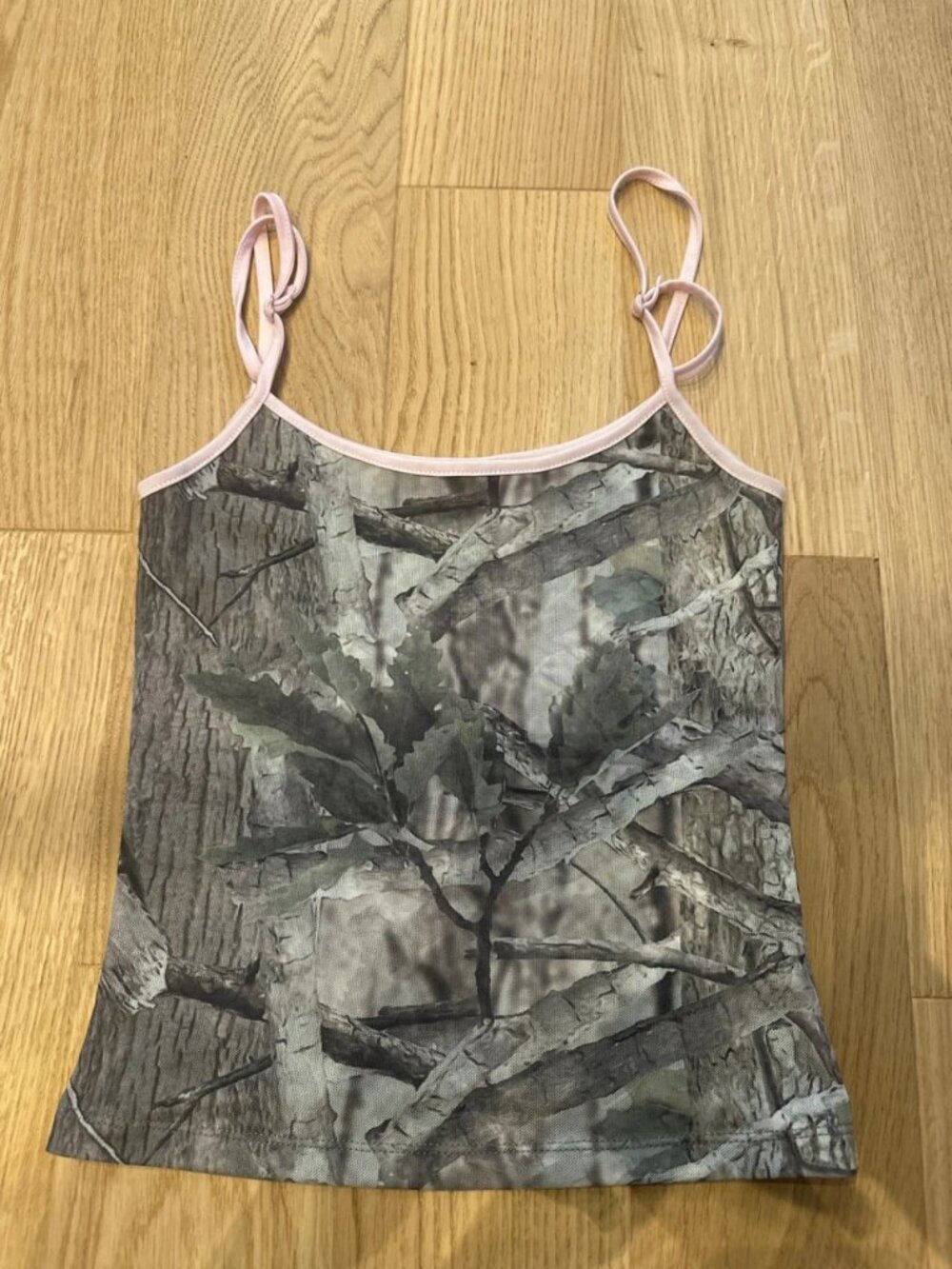 Women's Y2K Mesh Camo Tank Top with Woodland Camo Pattern. Size XS